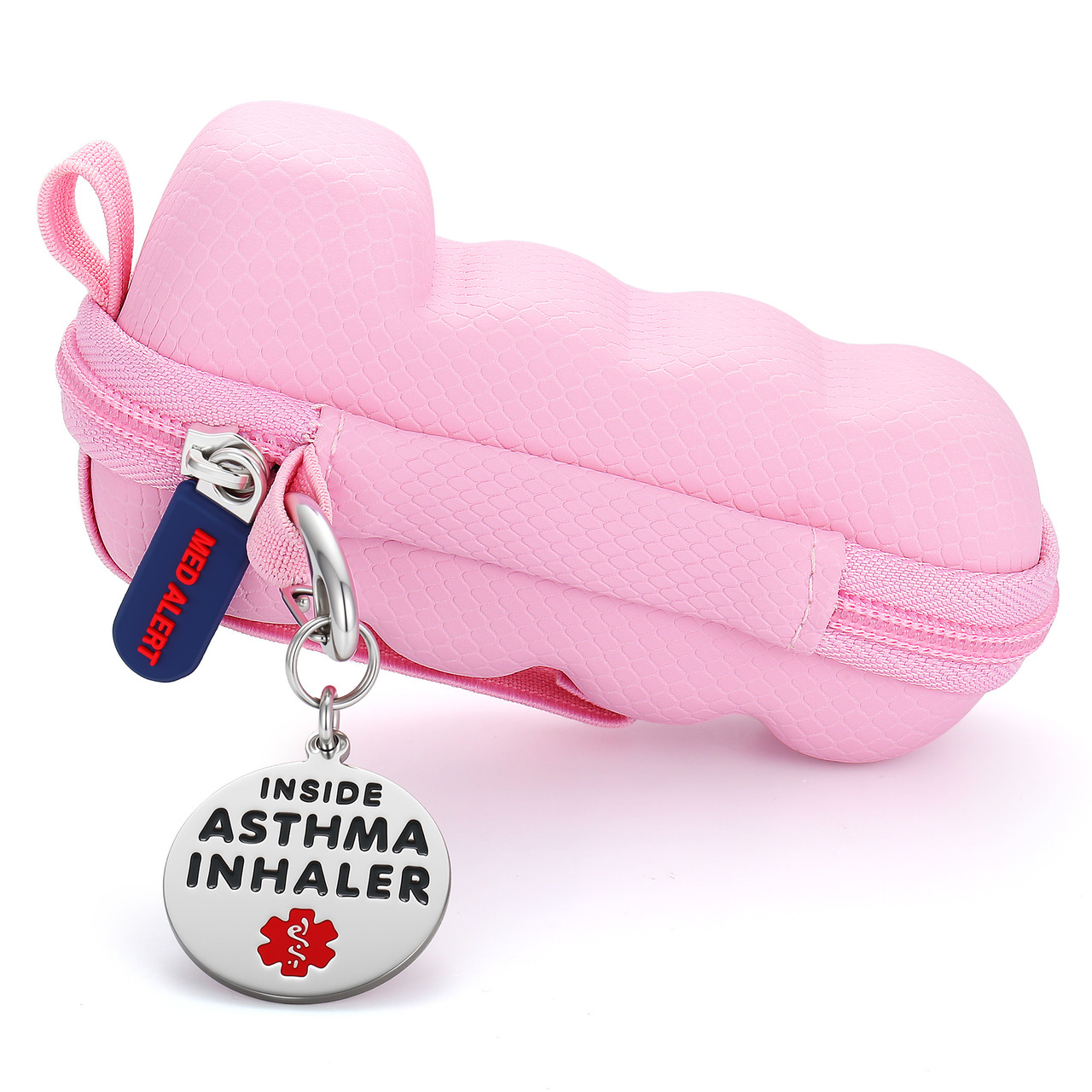 Pink asthma inhaler travel case with an Asthma Inhaler Inside medical alert tag clipped to the zipper