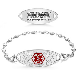 The image showcases a medical alert product, displaying both the front and back sides. The front features a decorative silver bracelet with a central oval tag adorned with intricate patterns and a red hexagonal medical alert symbol (Staff of Asclepius). The bracelet is complemented by a polished heart-link chain and lobster clasps for secure fastening. The back side highlights a plain silver oval tag with engraved medical information: "DIABETES/INSULIN, BLOOD THINNER, ALLERGIC TO NUTS, ICE (619)866-4768." This design combines essential medical functionality with an elegant and stylish appearance. The image showcases a medical alert product, displaying both the front and back sides. The front features a decorative silver bracelet with a central oval tag adorned with intricate patterns and a red hexagonal medical alert symbol (Staff of Asclepius). The bracelet is complemented by a polished heart-link chain and lobster clasps for secure fastening. The back side highlights a plain silver oval tag with engraved medical information: "DIABETES/INSULIN, BLOOD THINNER, ALLERGIC TO NUTS, ICE (619)866-4768." This design combines essential medical functionality with an elegant and stylish appearance.