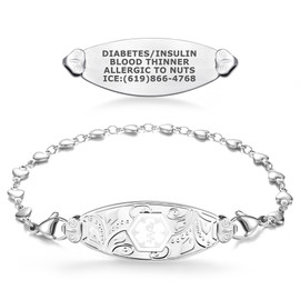 Divoti Classic Filigree medical ID bracelet for women featuring an adjustable stainless steel heart link chain and custom engraved alert tag.