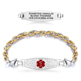 A two-tone medical alert bracelet displayed against a white background. The bracelet features a silver and gold intertwined chain connected to a rectangular silver medical ID tag with rounded corners. The tag's front side is engraved with "DIABETES/INSULIN," "BLOOD THINNER," and "ICE: (619) 866-4768" in black text. The reverse side showcases a textured silver surface with a prominent red "Star of Life" medical symbol in the center. The bracelet is designed for both functionality and style, providing critical medical information in emergencies.