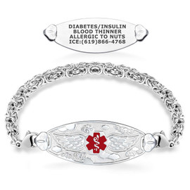 Image of a silver medical alert bracelet displayed on a white background. The bracelet features a thick, intricate Byzantine-style chain and a central oval ID plate with a red Star of Life symbol, flanked by decorative silver wings and cloud-like patterns. Above the bracelet, a separate ID plate is shown flipped to reveal engraved medical information: 'DIABETES/INSULIN, BLOOD THINNER, ALLERGIC TO NUTS, ICE:(619)866-4768.' The design emphasizes both functionality and aesthetic appeal.