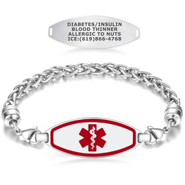 Silver medical alert bracelet displayed on a white background, featuring a polished metal chain with a woven design and an oval-shaped central plate. The plate has a white background with a red border and a prominent red Star of Life emblem. Above the bracelet, a separate silver tag is engraved with 'DIABETES/INSULIN, BLOOD THINNER, ALLERGIC TO NUTS, ICE: (619) 866-4768.' The design emphasizes durability and critical medical identification.