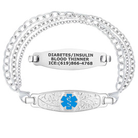 A silver medical alert bracelet with three interwoven chains of varying textures. The bracelet features two central tags: an upper rectangular tag engraved with "DIABETES/INSULIN," "BLOOD THINNER," and an emergency contact number "ICE: (619) 866-4768," and a lower decorative tag with a textured background, a raised leaf pattern, and a bright blue Star of Life medical symbol. The bracelet is displayed against a plain white background, showcasing its design and functionality.