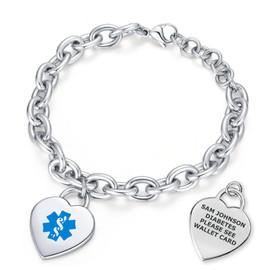 Heart Charm Curb Chain Medical ID Bracelet, Adjustable