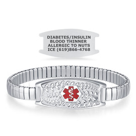  Divoti Olive Stretch Slip-On Stainless Steel  Medical Alert ID Bracelet for women with a custom engraved tag and red medical caduceus