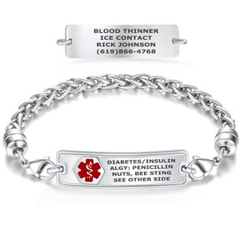 A silver-colored medical alert bracelet displayed from two angles. The front side of the rectangular tag features a red medical alert symbol on the left and black text listing medical conditions and allergies: 'DIABETES/INSULIN,' 'ALGY: PENICILLIN,' 'NUTS, BEE STING,' and 'SEE OTHER SIDE.' The reverse side shows black text with emergency details: 'BLOOD THINNER,' 'ICE CONTACT,' 'RICK JOHNSON,' and a phone number '(619)866-4768.' The bracelet has a polished, reflective finish, a braided silver chain, and lobster clasps for secure fastening. A silver-colored medical alert bracelet displayed from two angles. The front side of the rectangular tag features a red medical alert symbol on the left and black text listing medical conditions and allergies: 'DIABETES/INSULIN,' 'ALGY: PENICILLIN,' 'NUTS, BEE STING,' and 'SEE OTHER SIDE.' The reverse side shows black text with emergency details: 'BLOOD THINNER,' 'ICE CONTACT,' 'RICK JOHNSON,' and a phone number '(619)866-4768.' The bracelet has a polished, reflective finish, a braided silver chain, and lobster clasps for secure fastening.