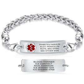 A silver-colored medical alert bracelet displayed from two angles. The front side of the rectangular tag features a red medical alert symbol on the left and black text listing medical conditions and allergies: 'DIABETES/INSULIN,' 'ALGY: PENICILLIN,' 'NUTS, BEE STING,' and 'SEE OTHER SIDE.' The reverse side shows black text with emergency details: 'BLOOD THINNER,' 'ICE CONTACT,' 'RICK JOHNSON,' and a phone number '(619)866-4768.' The bracelet has a polished, reflective finish, a braided silver chain, and lobster clasps for secure fastening.