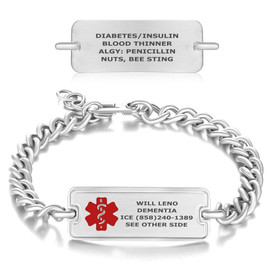 A silver medical alert bracelet with a polished curb chain and two rectangular tags displayed on a white background. The front tag, integrated into the bracelet, features a red medical alert symbol with a caduceus, the name "WILL LENO," the condition "DEMENTIA," an emergency contact "ICE (858)240-1389," and the text "SEE OTHER SIDE." The second tag, positioned above the bracelet, shows additional medical details: "DIABETES/INSULIN, BLOOD THINNER, ALGY: PENICILLIN, NUTS, BEE STING." The bracelet includes a lobster claw clasp, combining functionality with a sleek, reflective design. A silver medical alert bracelet with a polished curb chain and two rectangular tags displayed on a white background. The front tag, integrated into the bracelet, features a red medical alert symbol with a caduceus, the name "WILL LENO," the condition "DEMENTIA," an emergency contact "ICE (858)240-1389," and the text "SEE OTHER SIDE." The second tag, positioned above the bracelet, shows additional medical details: "DIABETES/INSULIN, BLOOD THINNER, ALGY: PENICILLIN, NUTS, BEE STING." The bracelet includes a lobster claw clasp, combining functionality with a sleek, reflective design.