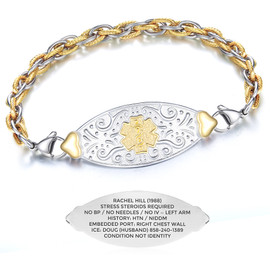 A two-tone metallic medical alert bracelet displayed on a white background. The bracelet features a central oval-shaped silver plaque with ornate embossed vine-like patterns and a raised gold Star of Life emblem in the center. The plaque is connected to a chain with interlinked silver and gold rings, with gold rings having a twisted texture. Above the bracelet, a separate silver tag is shown, engraved with medical information: "DIABETES/INSULIN, BLOOD THINNER, ALLERGIC TO NUTS, ICE: (619) 866-4768." The design highlights both the bracelet's elegance and its functional purpose for emergency medical identification.