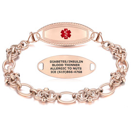 A rose gold medical alert bracelet featuring a prominent red Star of Life symbol on an oval pendant, paired with a smaller pendant engraved with critical medical information, including "DIABETES/INSULIN," "BLOOD THINNER," "ALLERGIC TO NUTS," and an emergency contact number. The bracelet showcases an intricate chain design with smooth oval links and clustered, beaded links, secured by two lobster claw clasps. The reflective white background highlights the bracelet's polished and elegant finish, blending functionality with style. A rose gold medical alert bracelet featuring a prominent red Star of Life symbol on an oval pendant, paired with a smaller pendant engraved with critical medical information, including "DIABETES/INSULIN," "BLOOD THINNER," "ALLERGIC TO NUTS," and an emergency contact number. The bracelet showcases an intricate chain design with smooth oval links and clustered, beaded links, secured by two lobster claw clasps. The reflective white background highlights the bracelet's polished and elegant finish, blending functionality with style.