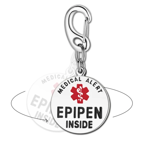 Epipen Inside medical alert bag tag on a quick clip