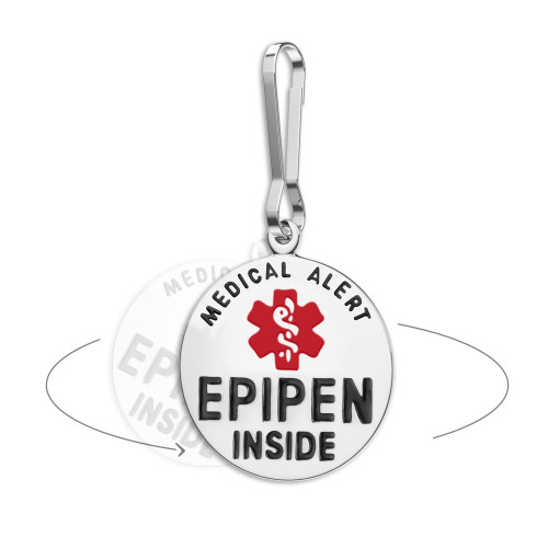 Stainless steel EpiPen Inside bag tag on a zipper pull