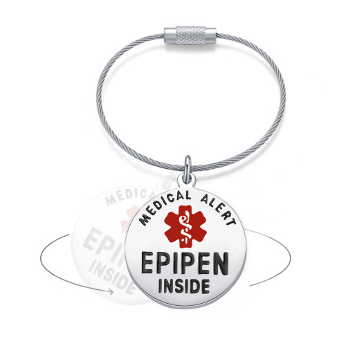 Stainless steel EpiPen Inside bag tag on a cable loop