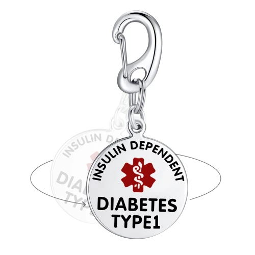 Insulin Dependent · Type 1 medical alert bag tag on a quick clip
