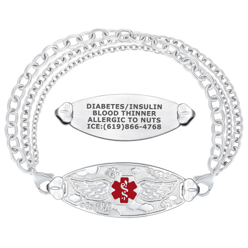 A silver medical alert bracelet featuring a tri-chain design with varying link sizes and textures. The bracelet includes two main tags: the upper tag is an elongated oval with engraved medical information reading "DIABETES/INSULIN, BLOOD THINNER, ALLERGIC TO NUTS, ICE: (619)866-4768." The lower tag is decorative, showcasing a red "Star of Life" emblem in a hexagon, flanked by silver wings and embossed cloud-like patterns. The bracelet's polished and brushed metallic finish adds a stylish touch, while the red medical symbol ensures quick recognition in emergencies. Set against a white background, the design balances functionality and elegance.