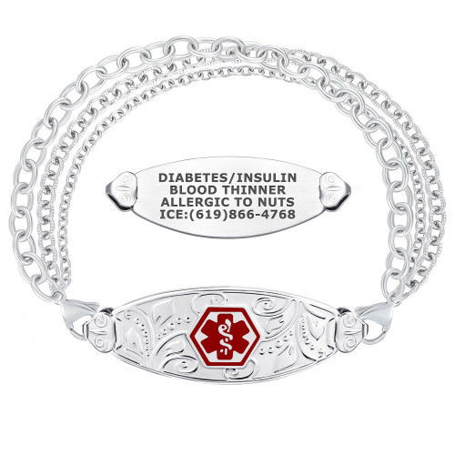 A polished silver medical alert bracelet with three distinct chain styles and a decorative rectangular ID plate featuring a red medical alert symbol. The bracelet includes a smaller oval tag engraved with critical health information: 'DIABETES/INSULIN,' 'BLOOD THINNER,' 'ALLERGIC TO NUTS,' and an emergency contact number 'ICE: (619) 866-4768.' The bracelet is displayed on a plain white background.