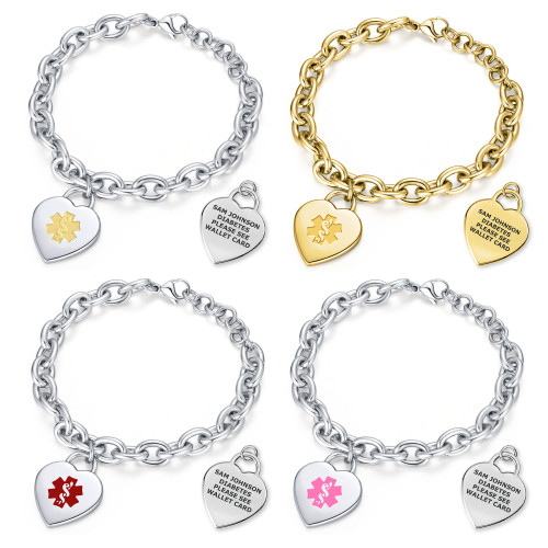 Adjustable Heart Charm Curb Chain Medical ID Bracelet