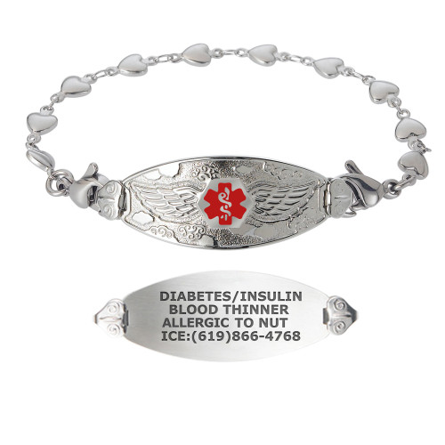 Divoti Custom Engraved Heart Link Medical Alert Bracelet - Angel Wing Tag