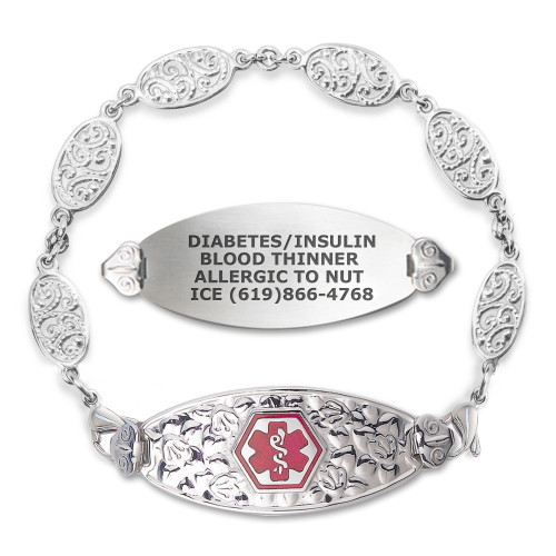 Divoti Custom Engraved Filigree Link Medical Alert Bracelet - Cherry Tag