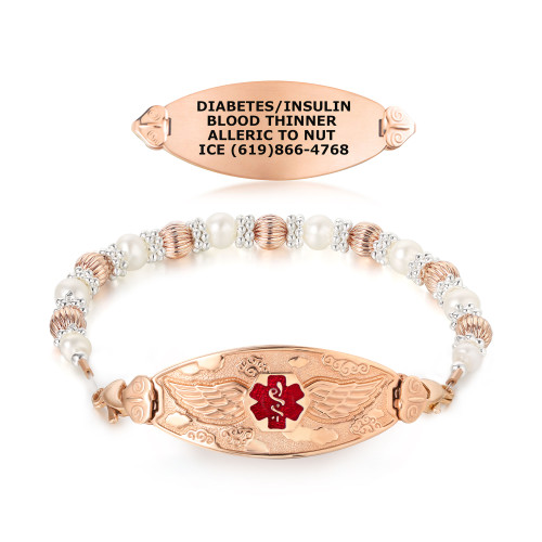 Divoti Custom RoseGold Engraved Lily Pearl Medical Alert Bracelet-Angel Wing Tag