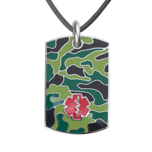 Camo Black and  20" Leather Cord Medical ID Necklace