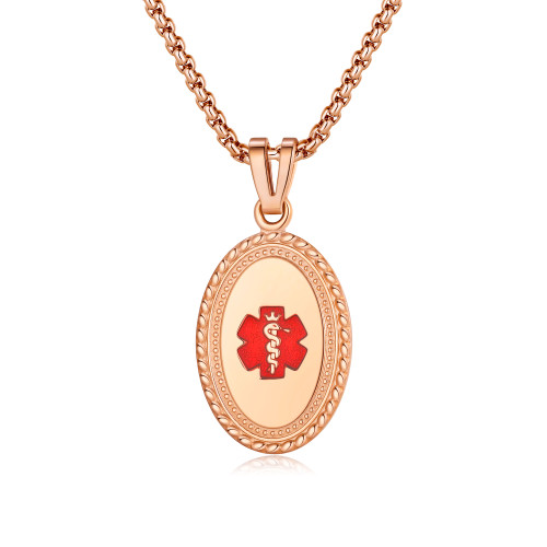 Premier PVD Rose Gold Custom Engraved Medical Alert Necklace with PVD Coated 24/28" Stainless Steel Chain