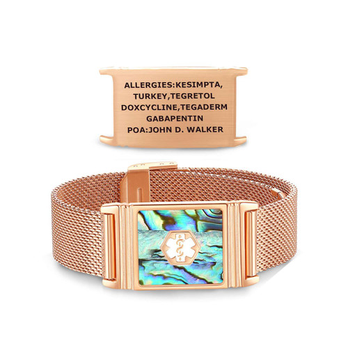 Divoti Alpha unisex adjustable mesh band medical ID bracelet in stainless steel with carbon fiber inlay and custom engraved medical alert tag.
