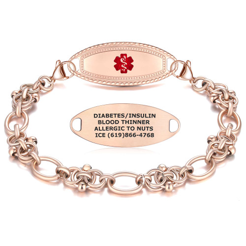 A rose gold medical alert bracelet featuring a prominent red Star of Life symbol on an oval pendant, paired with a smaller pendant engraved with critical medical information, including "DIABETES/INSULIN," "BLOOD THINNER," "ALLERGIC TO NUTS," and an emergency contact number. The bracelet showcases an intricate chain design with smooth oval links and clustered, beaded links, secured by two lobster claw clasps. The reflective white background highlights the bracelet's polished and elegant finish, blending functionality with style.