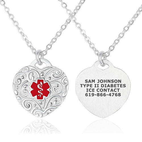 Divoti Custom Engraved Filigree Heart Medical Alert ID Necklace , w/Cable Chain — Style