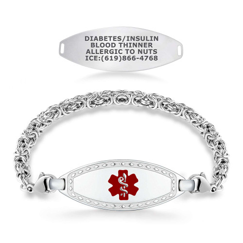 Divoti Diamond Border medical ID bracelet for women featuring a handmade stainless steel Byzantine chain and custom engraved alert tag.