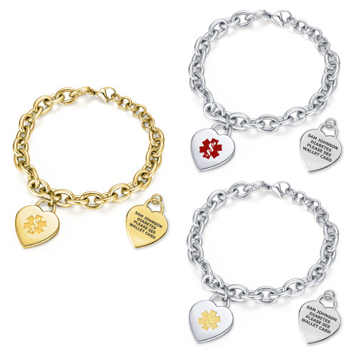 Adjustable Heart Charm Curb Chain Medical ID Bracelet (Fits 5" - 6" Wrists)