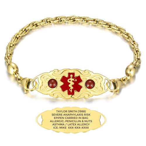 Custom-Engraved Medical Alert Bracelet Accented with Natural Stone