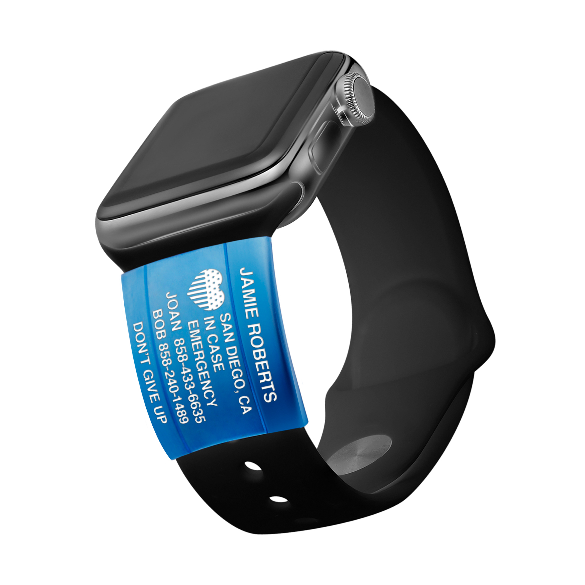 Black smartwatch with a blue medical ID band displaying emergency contact details, motivational text, and a heart icon, designed for safety and style.