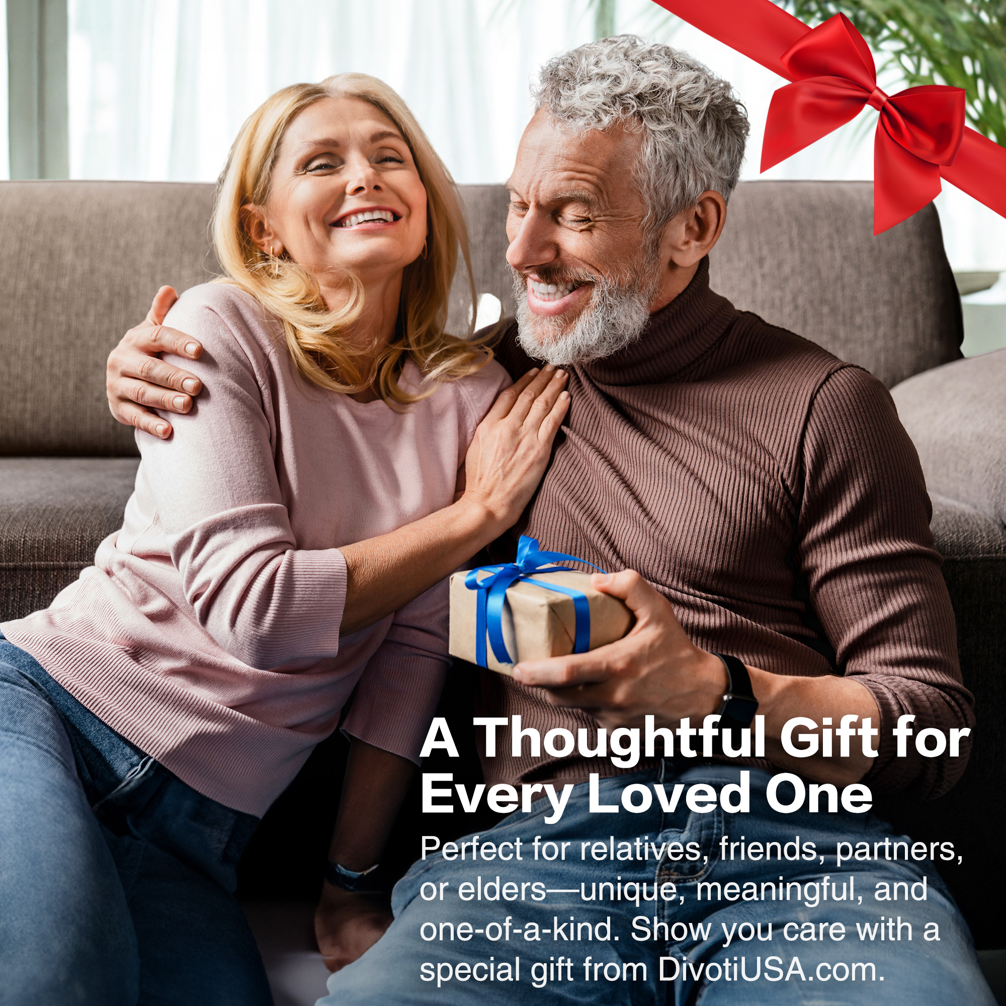Heartwarming scene of an older couple indoors, with the man holding a small gift box wrapped in brown paper and tied with a blue ribbon. The woman, wearing a pink top, smiles joyfully with her arm around him. A red ribbon graphic and text overlay promote thoughtful gifts for loved ones from DivotiUSA.com.
