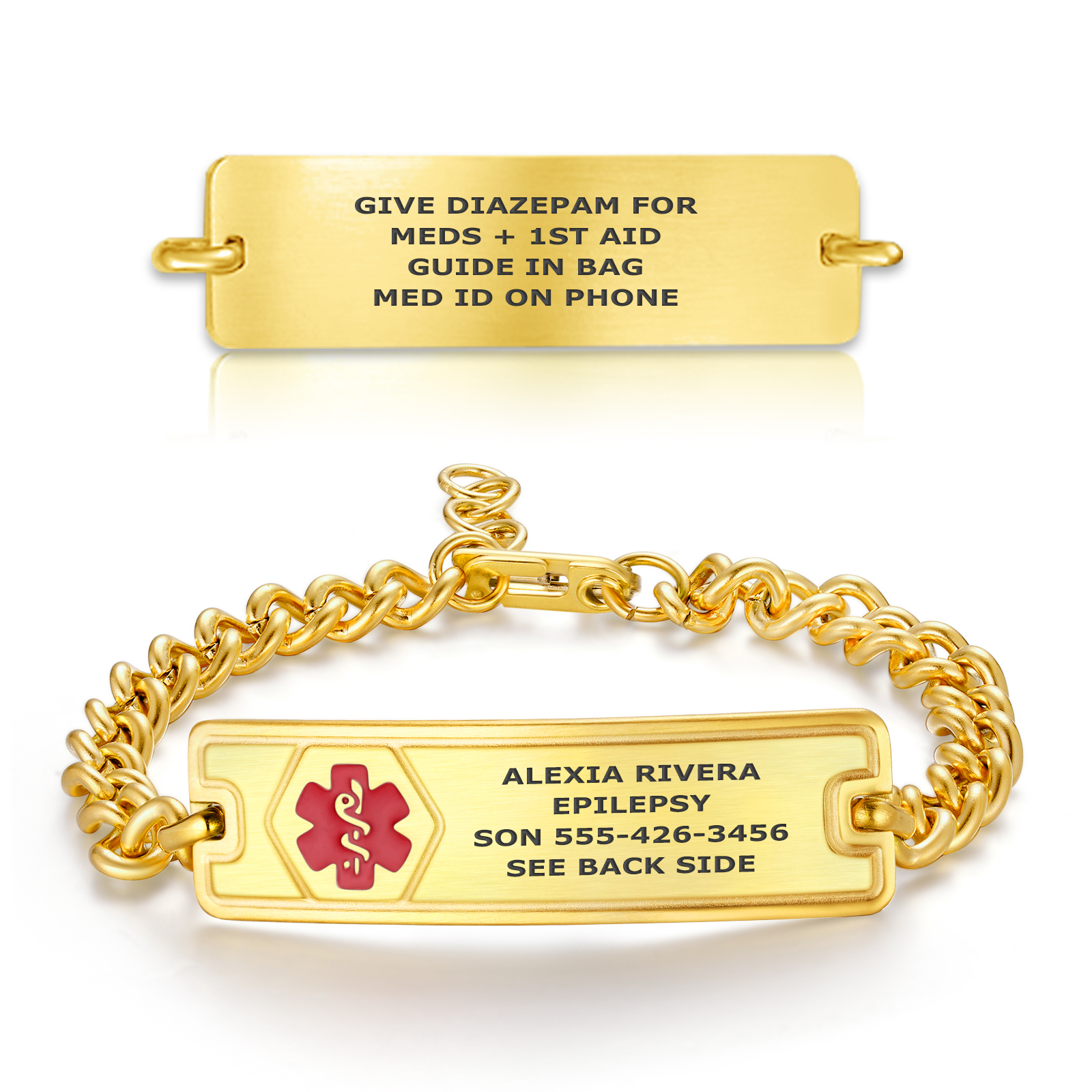 A gold medical alert bracelet displayed against a white background. The bracelet features a polished rectangular ID plate attached to a thick curb-link gold chain with a lobster clasp. The front of the ID plate is engraved with the name "Alexia Rivera," the condition "Epilepsy," an emergency contact number, and a note to "See Back Side." A red medical alert symbol is prominently displayed on the left side of the plate. The back of the ID plate, shown separately above the bracelet, includes emergency instructions such as "Give Diazepam for," "Meds + 1st Aid," "Guide in Bag," and "Med ID on Phone." Reflections beneath the bracelet and plate add a glossy, professional touch.