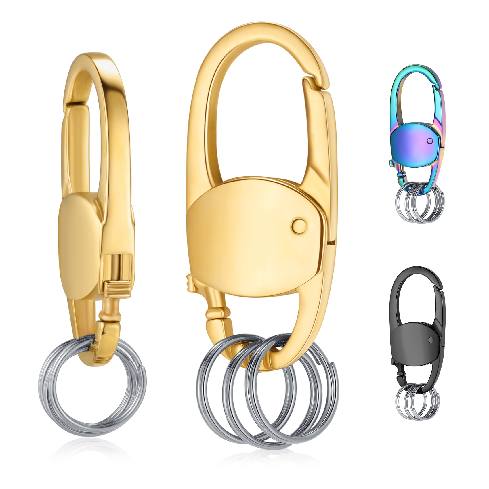 Set of four metallic carabiner keychains in gold, iridescent, and black finishes, featuring spring-loaded gates and multiple key rings, displayed on a white background.