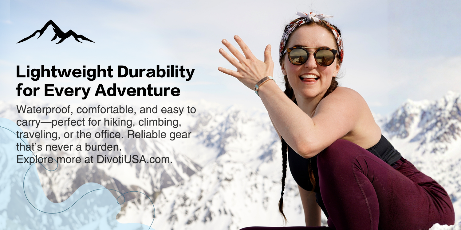 An advertisement featuring a smiling woman outdoors against a snowy mountain backdrop. She wears amber-lensed sunglasses, a patterned bandana, and a dark sports outfit, with a light-colored bracelet on her wrist. The text overlay highlights "Lightweight Durability for Every Adventure" and describes the gear as waterproof, comfortable, and versatile for hiking, climbing, traveling, or office use. A call to action reads, "Explore more at DivotiUSA.com." The scene conveys adventure, reliability, and style.