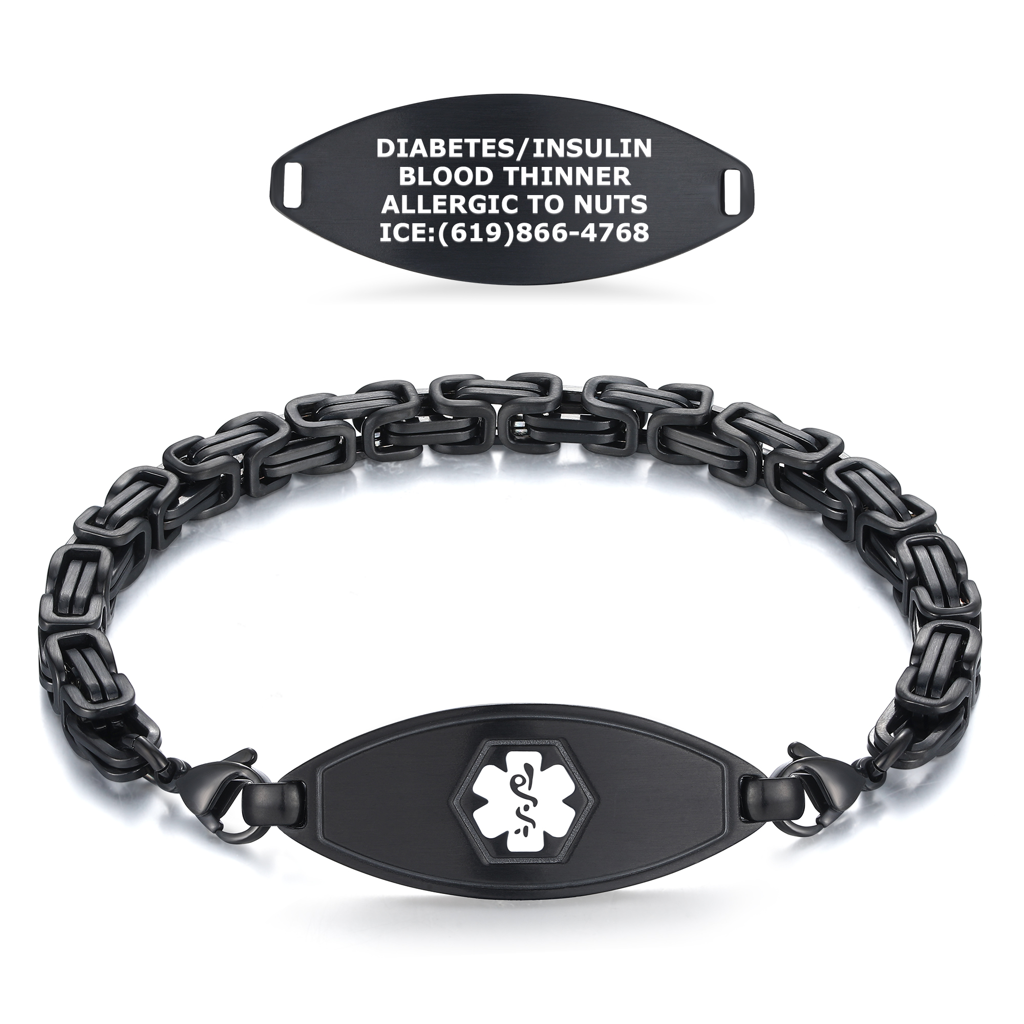 Byzantine-style medical ID bracelet with a central plate featuring a white Star of Life symbol, paired with a customizable medical alert tag engraved with critical health details.