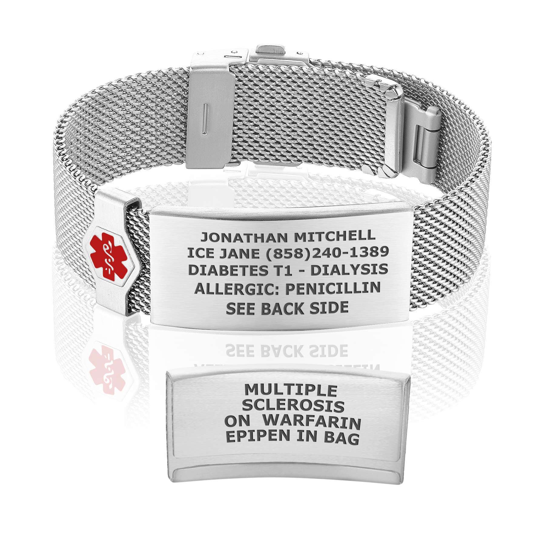 Silver mesh medical alert bracelet with a rectangular ID tag engraved with emergency contacts, medical conditions like Diabetes T1 and Multiple Sclerosis, and allergy details.