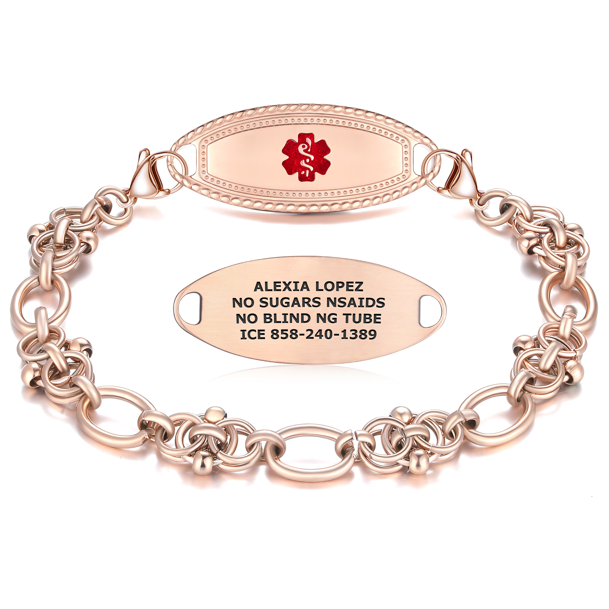 Rose gold medical alert bracelet showing both front and back sides. The front features a red medical alert symbol with intricate borders, while the back is engraved with medical details: 'Alexia Lopez, No Sugars, NSAIDs, No Blind NG Tube, ICE 858-240-1389.' Displayed on a white background.