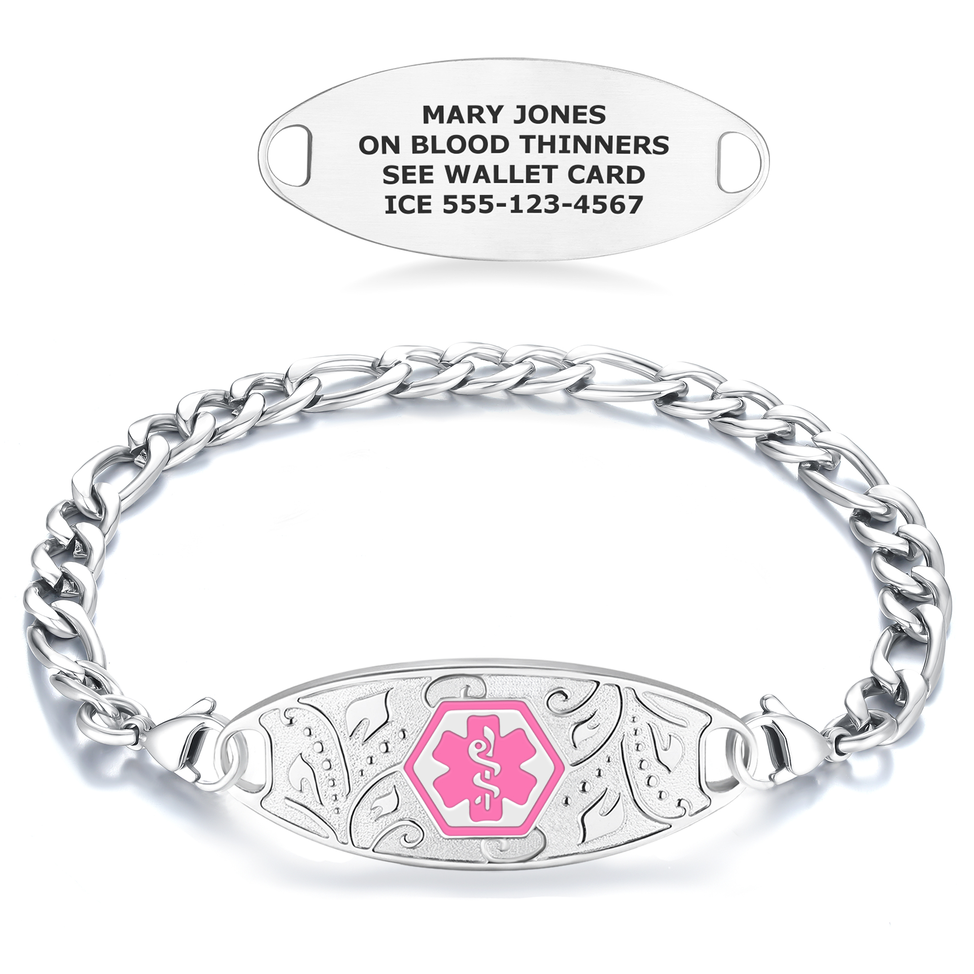 A silver medical alert bracelet with a chunky chain and an ornate oval ID plate featuring a pink medical alert symbol. A separate engraved tag displays the wearer's name, "MARY JONES," medical condition "ON BLOOD THINNERS," and an emergency contact number.