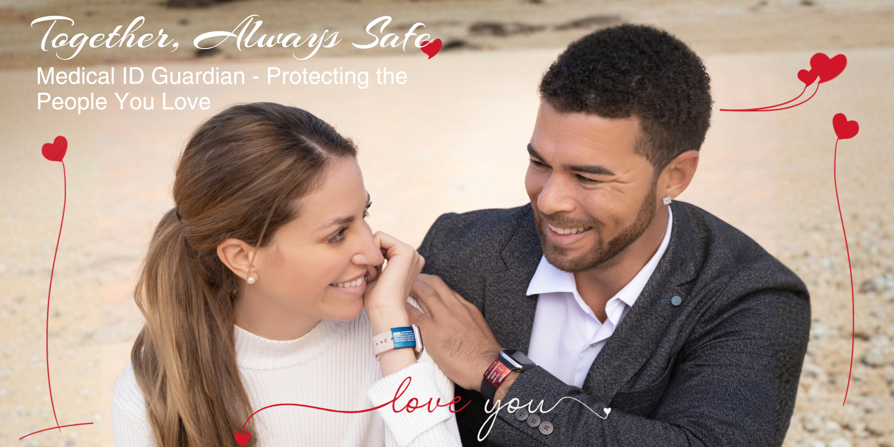 A smiling couple outdoors, each wearing smartwatches with medical ID bands, surrounded by heart graphics and the text 'Together, Always Safe.