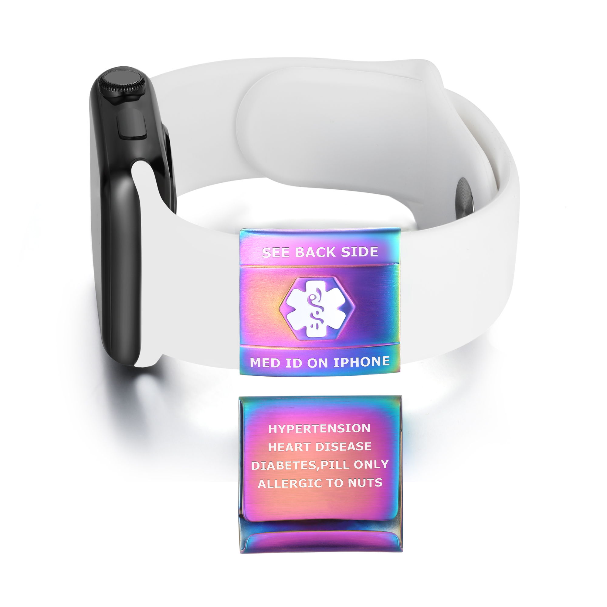 White smartwatch band paired with two iridescent medical alert tags listing conditions like hypertension, heart disease, and allergies, with a 'MED ID ON IPHONE' note.