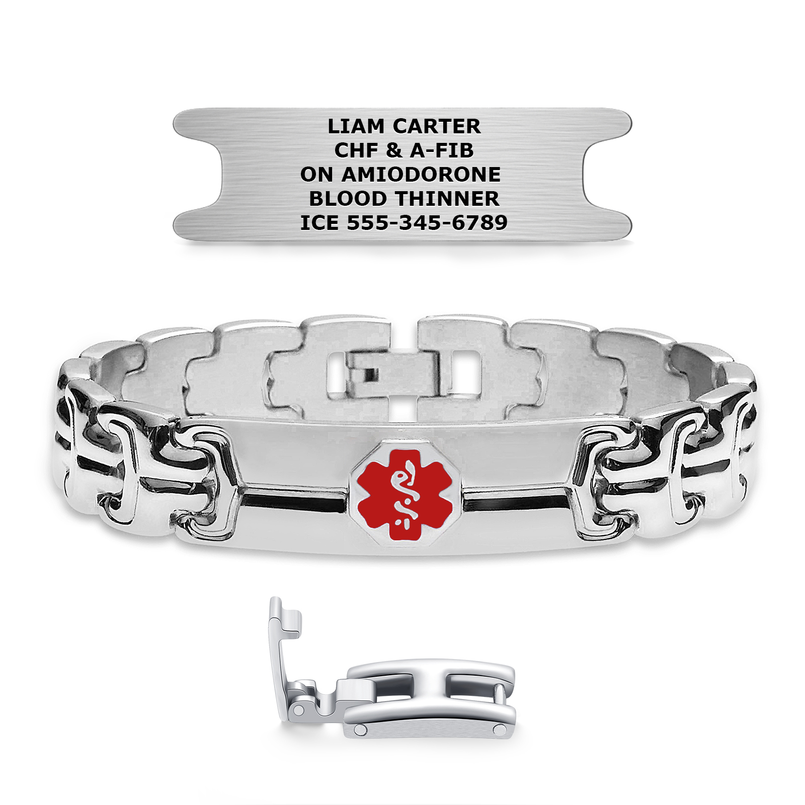A silver medical alert bracelet with a polished link-style design, featuring a central rectangular plaque displaying a red medical alert symbol. Above the bracelet, a separate silver tag is engraved with the name "Liam Carter," medical conditions (CHF & A-Fib), medications, and an emergency contact number. The bracelet and tag are displayed against a white background, emphasizing their functionality and sleek design.
