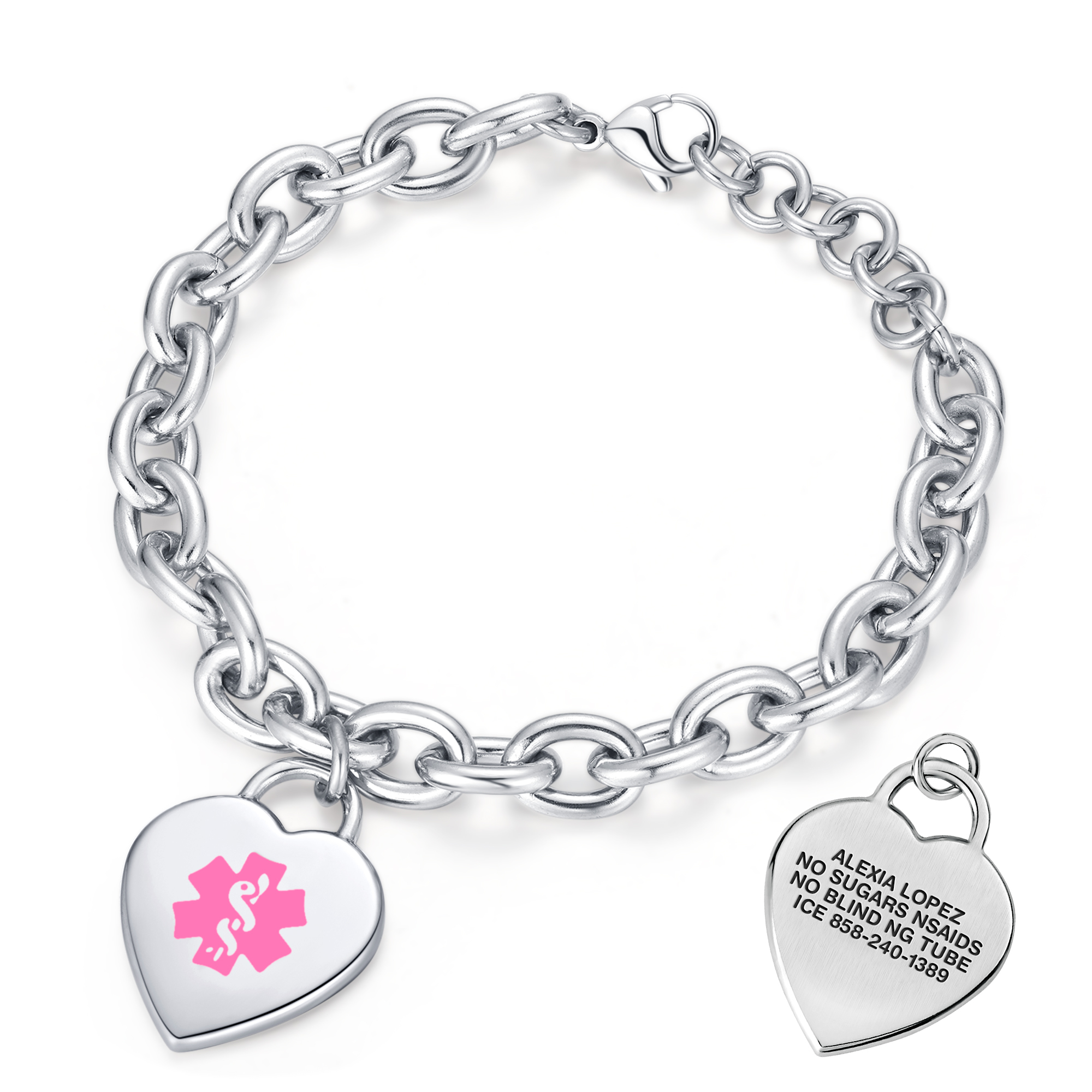 Silver chain bracelet with a heart-shaped medical alert charm. The front of the charm features a pink medical alert symbol, while the back is engraved with medical details: 'Alexia Lopez, No Sugars, NSAIDs, No Blind NG Tube, ICE 858-240-1389.' Displayed on a white background.