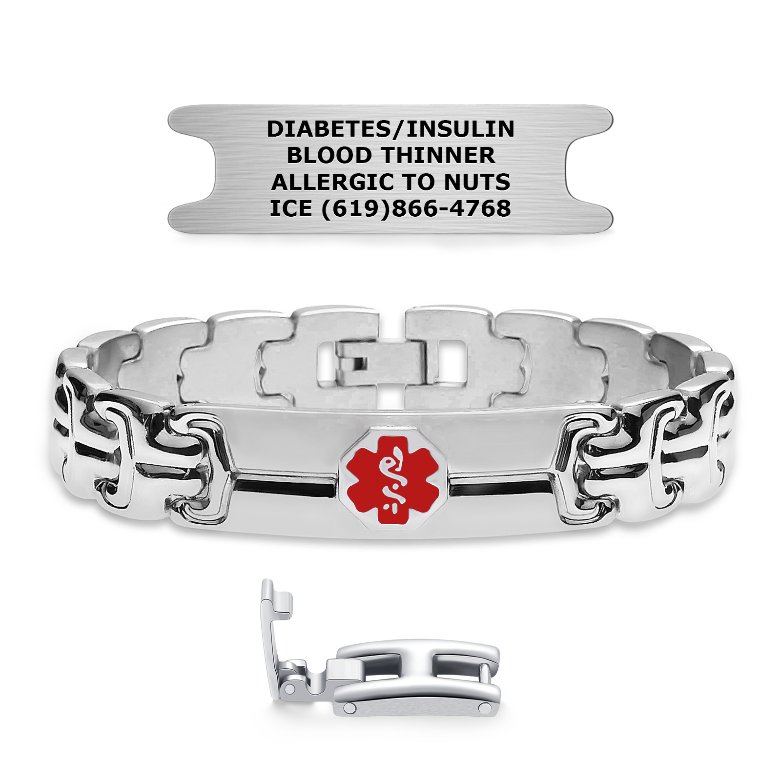 A silver medical alert bracelet set displayed on a white background. The set includes a rectangular brushed metal identification tag engraved with "DIABETES/INSULIN," "BLOOD THINNER," "ALLERGIC TO NUTS," and "ICE (619)866-4768." Below the tag is a polished silver bracelet with a central plaque featuring a red medical alert symbol. The bracelet has interlocking decorative links and a fold-over clasp. An additional silver clasp component is shown separately at the bottom.