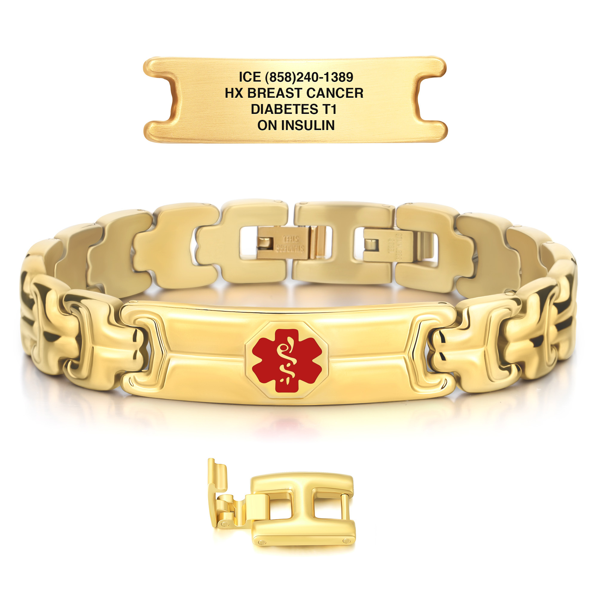 A gold-colored medical alert bracelet with a polished rectangular ID tag featuring a red medical alert symbol. The bracelet is made of interlocking H-shaped links and includes a fold-over clasp mechanism. An engraved gold plate is displayed above the bracelet, listing emergency details: "ICE (858)240-1389, HX Breast Cancer, Diabetes T1, On Insulin." A separate clasp component is shown below, highlighting the bracelet's adjustability and design. The setup is displayed on a white background, emphasizing its premium and functional design.