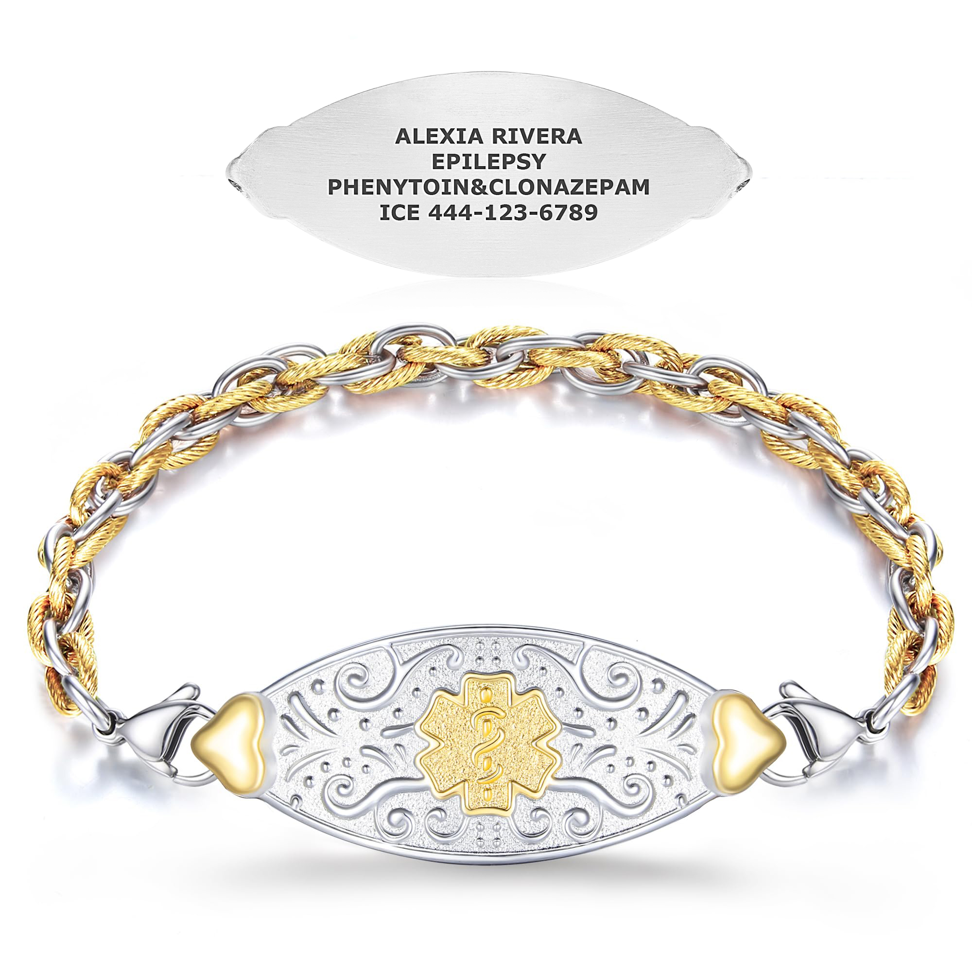 A two-tone medical alert bracelet featuring a silver ID plate with intricate scrollwork and a golden Star of Life emblem at the center. The bracelet has a braided chain with silver and gold tones, connected by heart-shaped golden connectors and silver lobster claw clasps. Above the bracelet, a separate text plate displays the name "Alexia Rivera," the condition "Epilepsy," medications "Phenytoin & Clonazepam," and an emergency contact number "ICE 444-123-6789." The background is pure white, emphasizing the product's details.