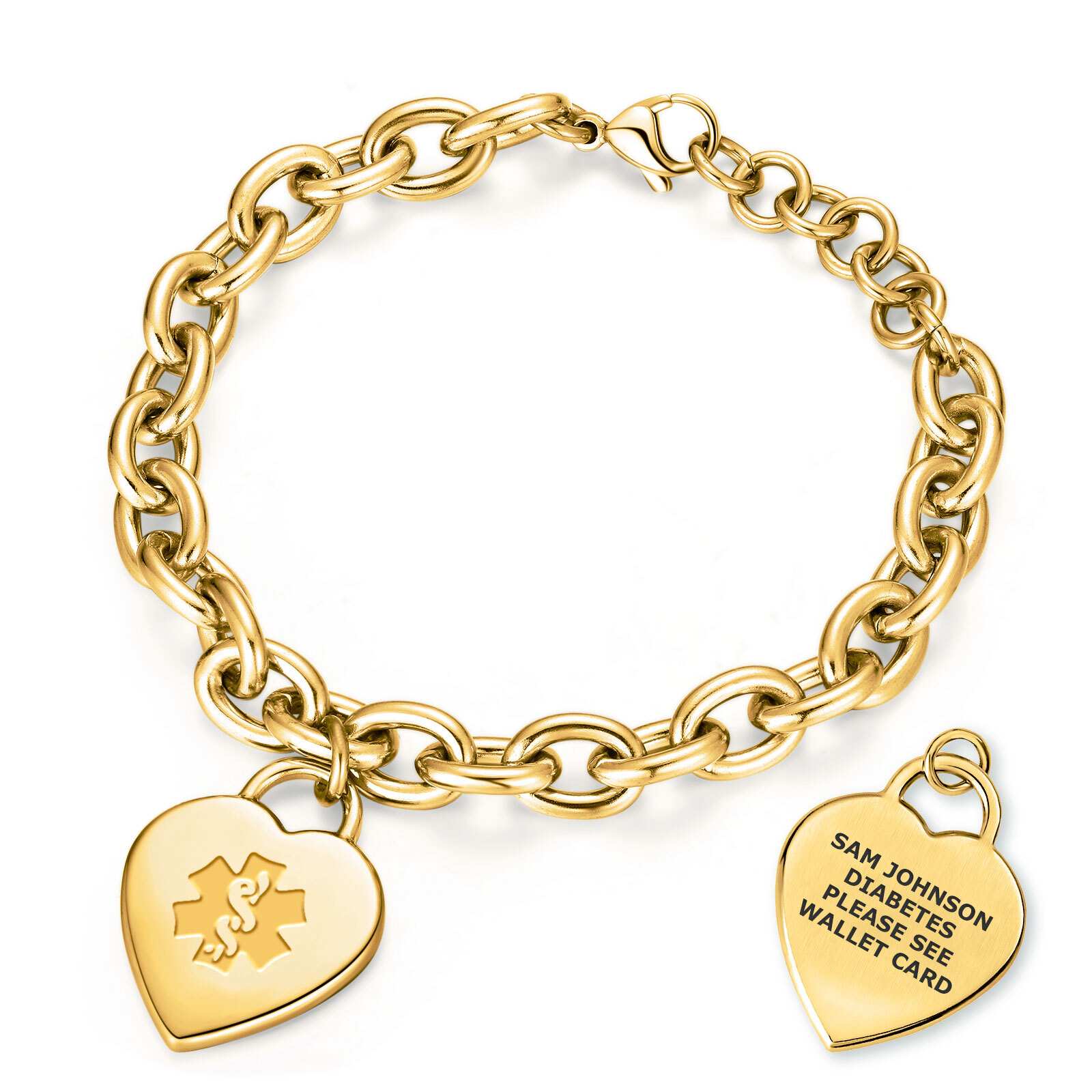 A gold medical alert bracelet with large oval chain links and a heart-shaped charm. The front of the charm features a raised medical alert symbol, while the back is engraved with "SAM JOHNSON," "DIABETES," and "PLEASE SEE WALLET CARD." The bracelet has a polished finish and a lobster clasp closure.
