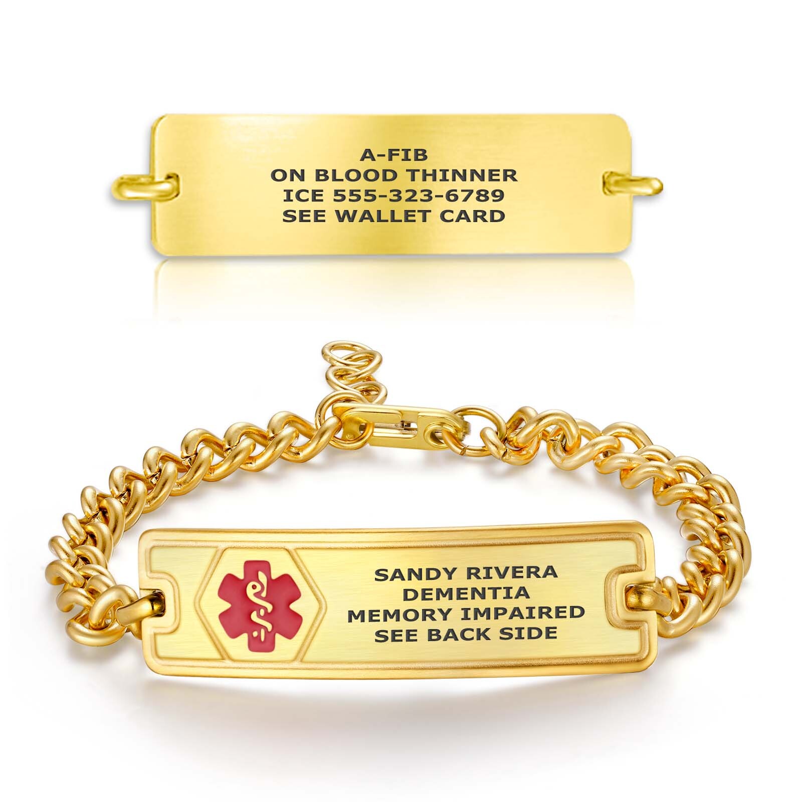 Golden medical alert bracelet displayed on a white background with subtle reflections. The top section shows the back side of the rectangular ID tag, engraved with 'A-FIB, ON BLOOD THINNER, ICE 555-323-6789, SEE WALLET CARD' in black text. The bottom section features the complete bracelet with a curb-link chain and a polished ID tag. The front side of the tag displays a red Star of Life emblem on the left and black engraved text reading 'SANDY RIVERA, DEMENTIA, MEMORY IMPAIRED, SEE BACK SIDE.' The bracelet includes a lobster clasp and extender chain, showcasing its functional and personalized design.